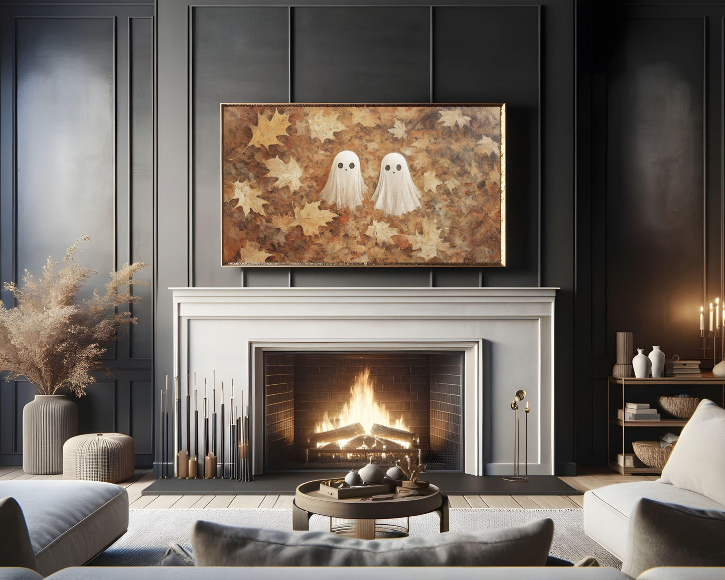 Cute Ghosts in Fall Leaves Halloween Frame TV Art