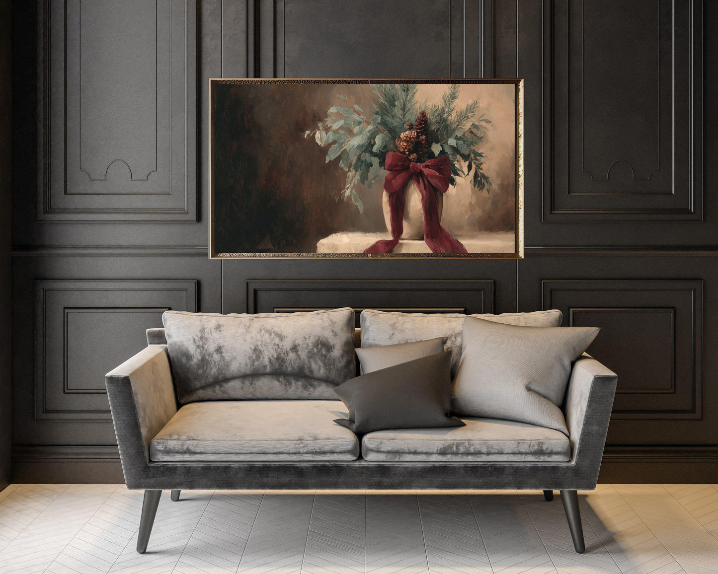 FRAME TV art Festive Botanicals with Burgundy Bow, Samsung Frame TV art Moody Holiday Season Vintage Style Painting | TV1019
