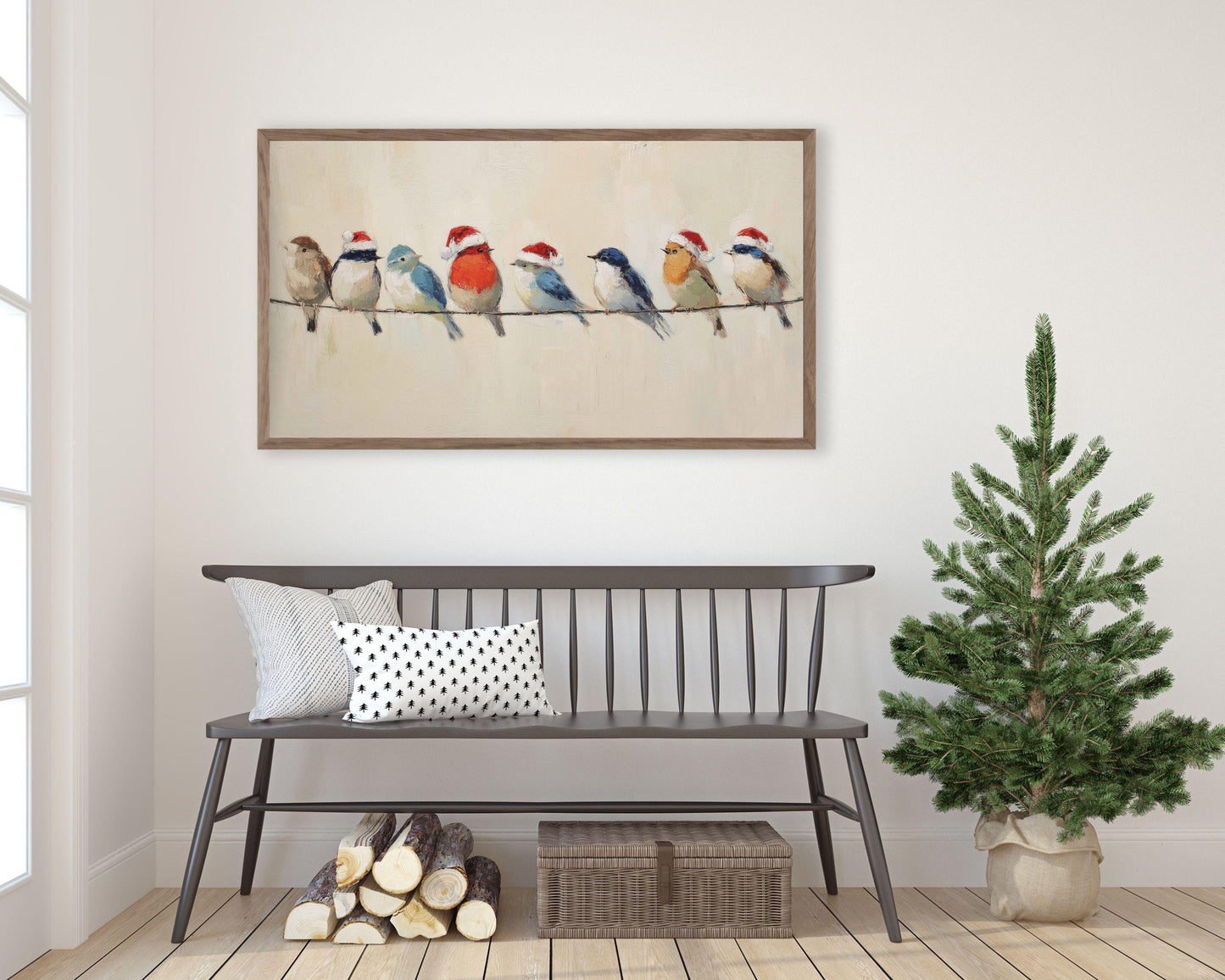 FRAME TV art Colorful Birds in Santa Hats, Samsung Frame TV art Cute Vintage Style Christmas Painting | TV1020