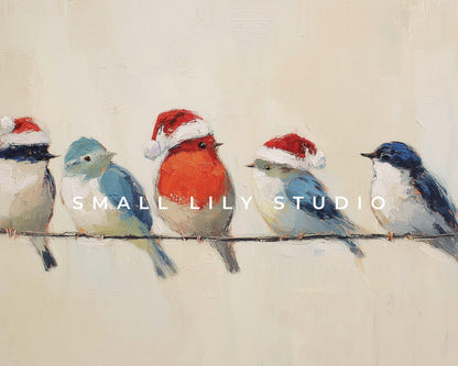 FRAME TV art Colorful Birds in Santa Hats, Samsung Frame TV art Cute Vintage Style Christmas Painting | TV1020