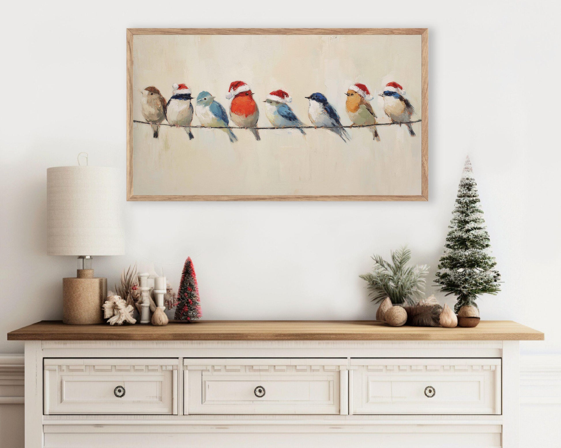 FRAME TV art Colorful Birds in Santa Hats, Samsung Frame TV art Cute Vintage Style Christmas Painting | TV1020