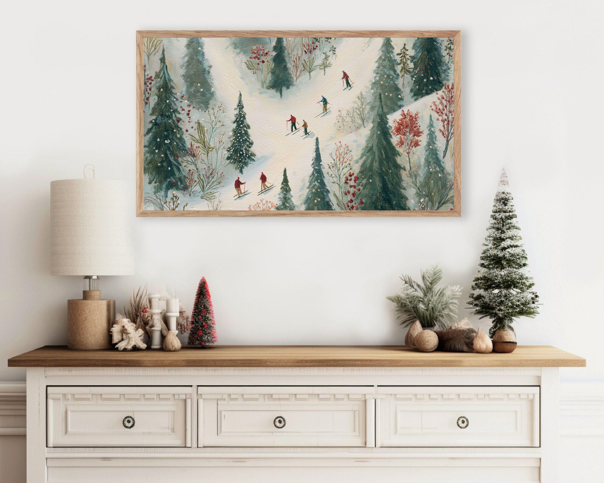 FRAME TV art Whimsical Winter Skiing, Samsung Frame TV art Cute Festive Skiers Vintage Style Painting | TV1022