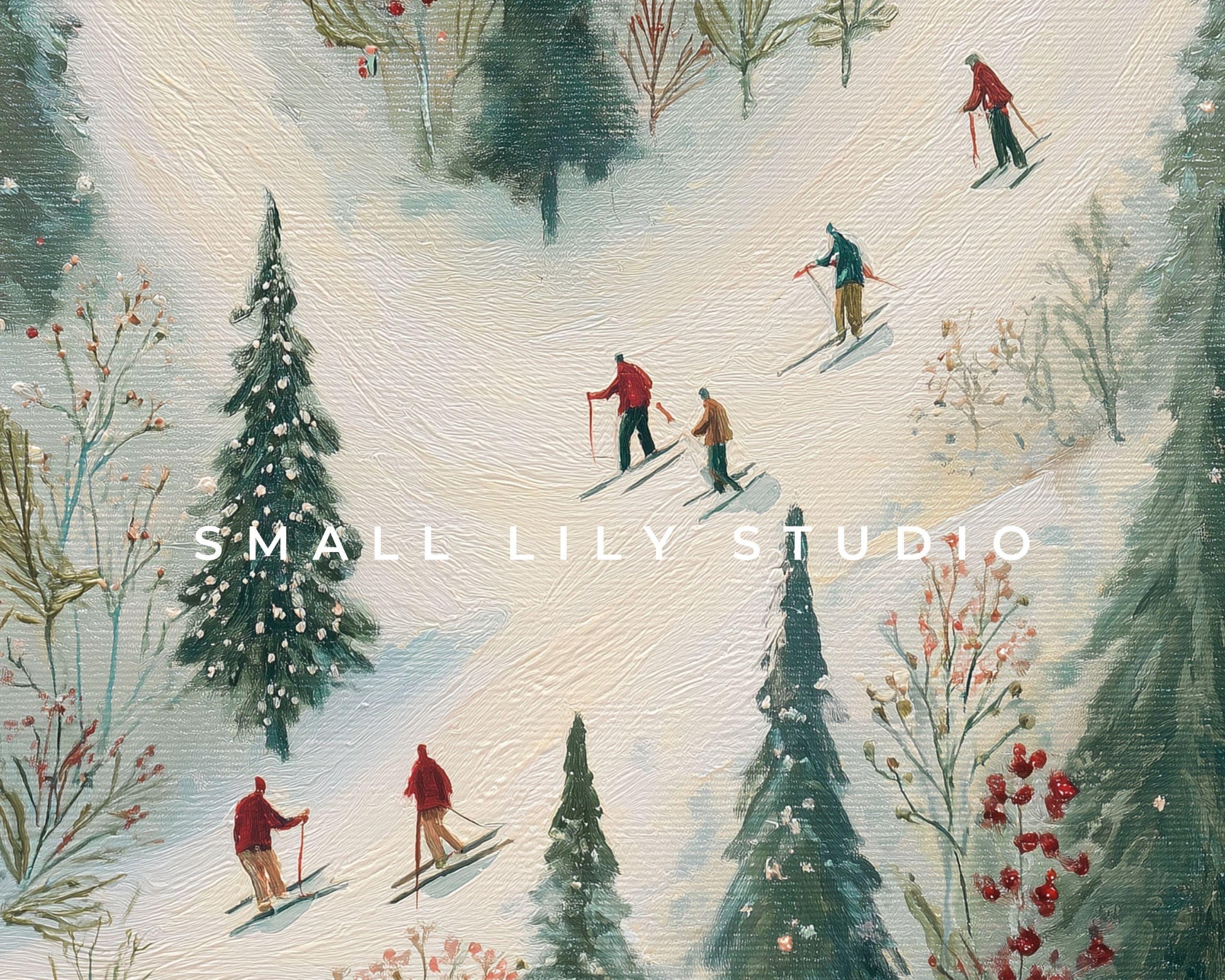 FRAME TV art Whimsical Winter Skiing, Samsung Frame TV art Cute Festive Skiers Vintage Style Painting | TV1022