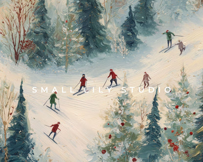 FRAME TV art Winter Skiing, Samsung Frame TV art Cute Festive Skiers Vintage Style Painting | TV1023