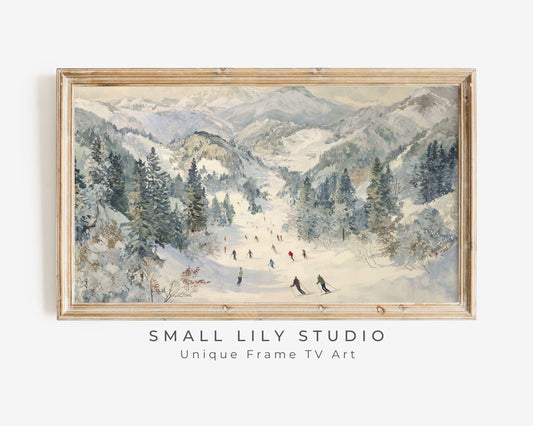 FRAME TV art Skiing in the Alps, Samsung Frame TV art Winter Vintage Style Painting | TV1024