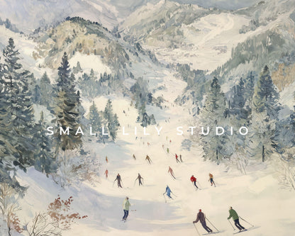 FRAME TV art Skiing in the Alps, Samsung Frame TV art Winter Vintage Style Painting | TV1024