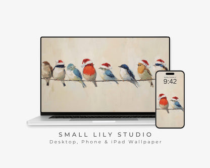 Birds in Santa Hats Desktop Wallpaper Set, Christmas Phone Wallpaper, Holiday iPhone Wallpaper, iPad Background Vintage Style | WS141