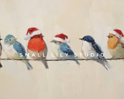 Birds in Santa Hats Desktop Wallpaper Set, Christmas Phone Wallpaper, Holiday iPhone Wallpaper, iPad Background Vintage Style | WS141