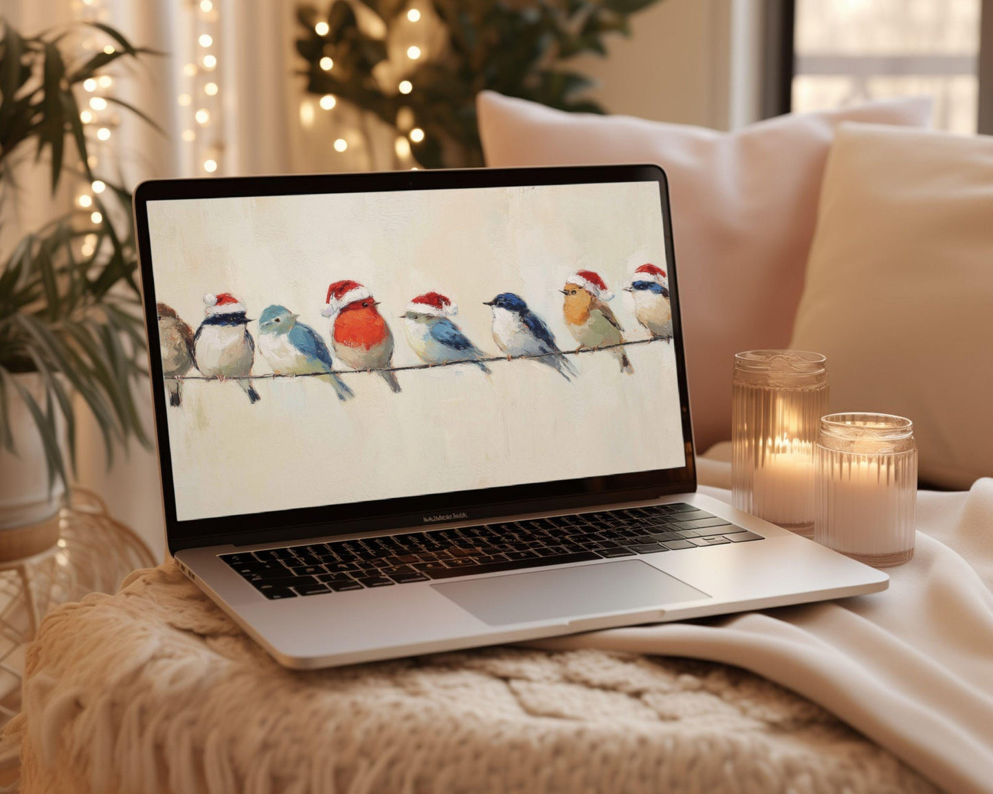 Birds in Santa Hats Desktop Wallpaper Set, Christmas Phone Wallpaper, Holiday iPhone Wallpaper, iPad Background Vintage Style | WS141