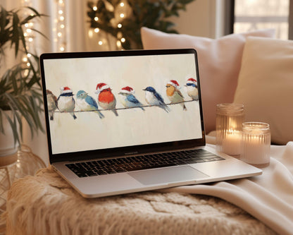 Birds in Santa Hats Desktop Wallpaper Set, Christmas Phone Wallpaper, Holiday iPhone Wallpaper, iPad Background Vintage Style | WS141