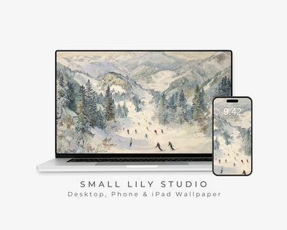 Skiing Desktop Wallpaper Set, Winter Landscape Phone Wallpaper, Holiday iPhone Wallpaper, iPad Background Vintage Style | WS142