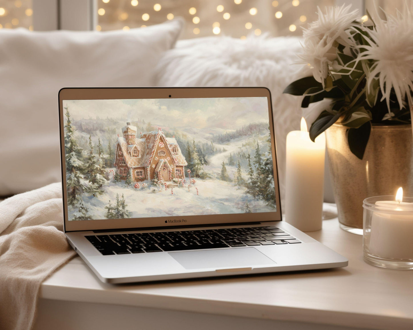 Gingerbread House Desktop Wallpaper Set, Christmas Phone Wallpaper, Winter Landscape iPhone Wallpaper, iPad Background Vintage Style | WS143