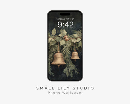 Christmas Bells Phone Wallpaper, Holiday Season iPhone Wallpaper, Festive Samsung Galaxy Phone Background, Vintage Style Art | WP139