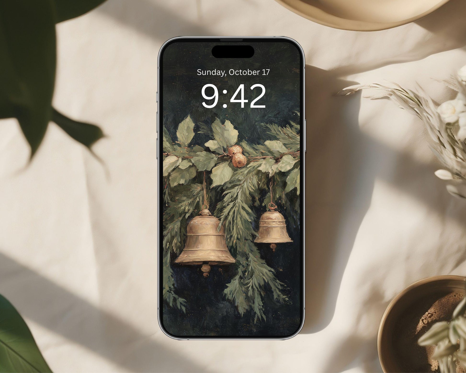 Christmas Bells Phone Wallpaper, Holiday Season iPhone Wallpaper, Festive Samsung Galaxy Phone Background, Vintage Style Art | WP139