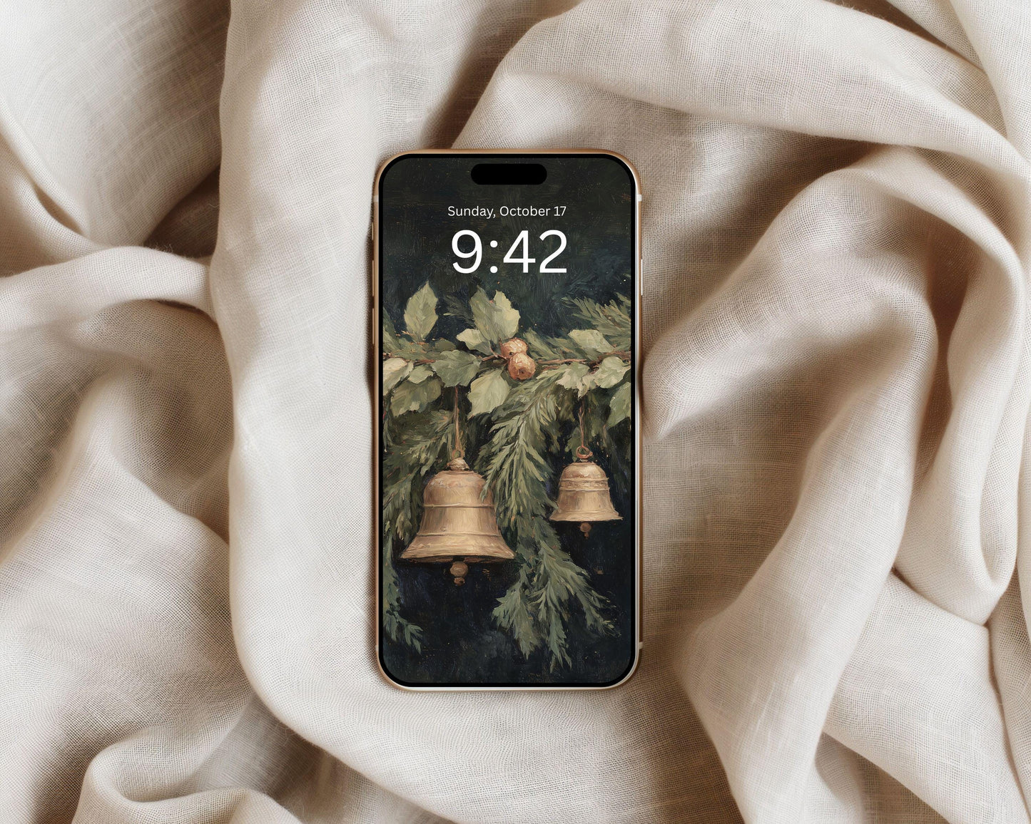 Christmas Bells Phone Wallpaper, Holiday Season iPhone Wallpaper, Festive Samsung Galaxy Phone Background, Vintage Style Art | WP139