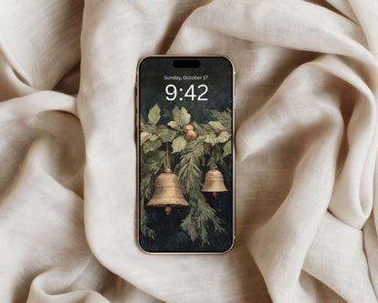 Christmas Bells Phone Wallpaper, Holiday Season iPhone Wallpaper, Festive Samsung Galaxy Phone Background, Vintage Style Art | WP139