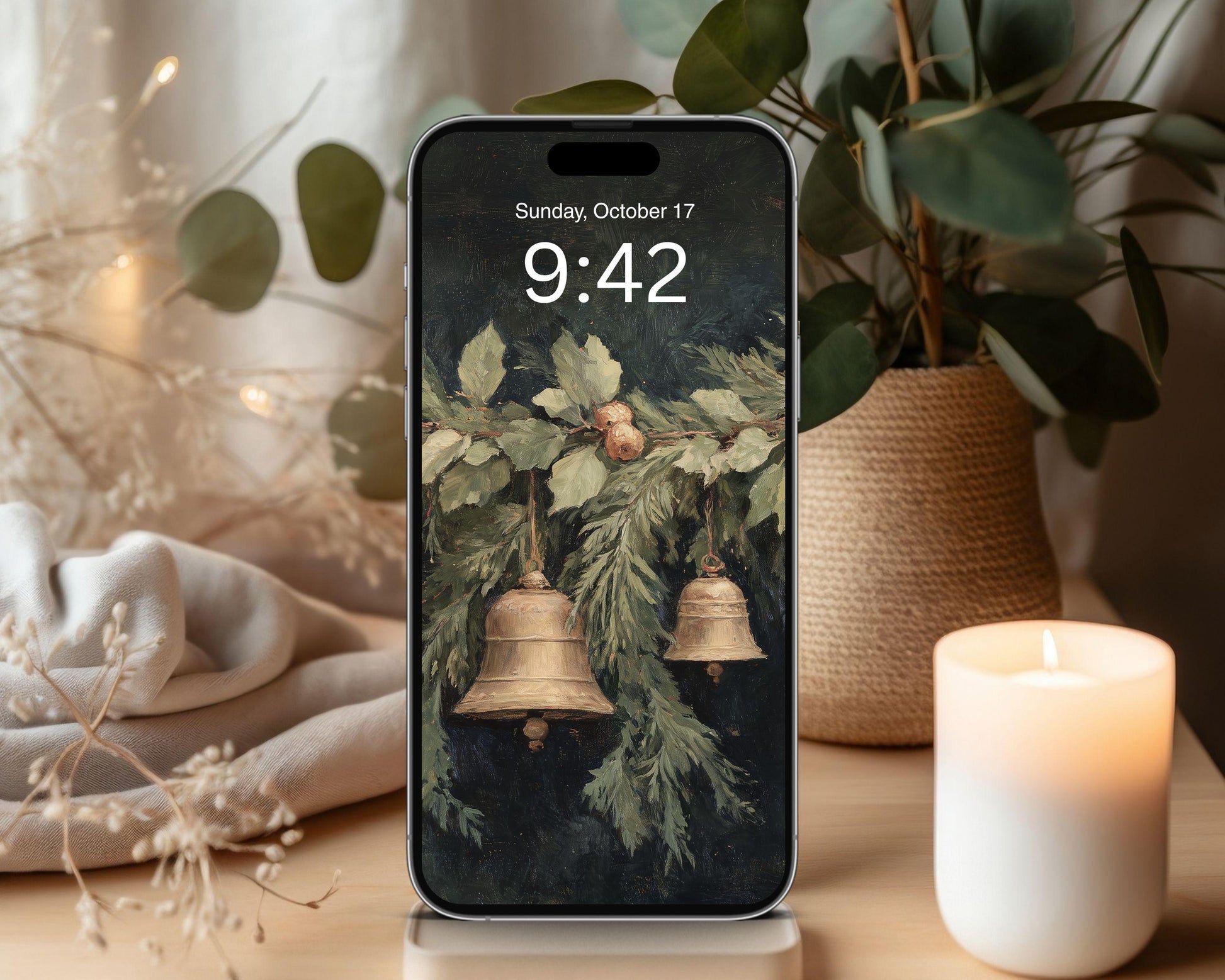 Christmas Bells Phone Wallpaper, Holiday Season iPhone Wallpaper, Festive Samsung Galaxy Phone Background, Vintage Style Art | WP139