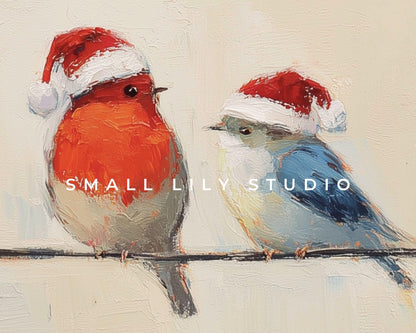 Birds in Santa Hats Phone Wallpaper, Christmas iPhone Wallpaper, Festive Samsung Galaxy Phone Background, Vintage Style Art | WP141