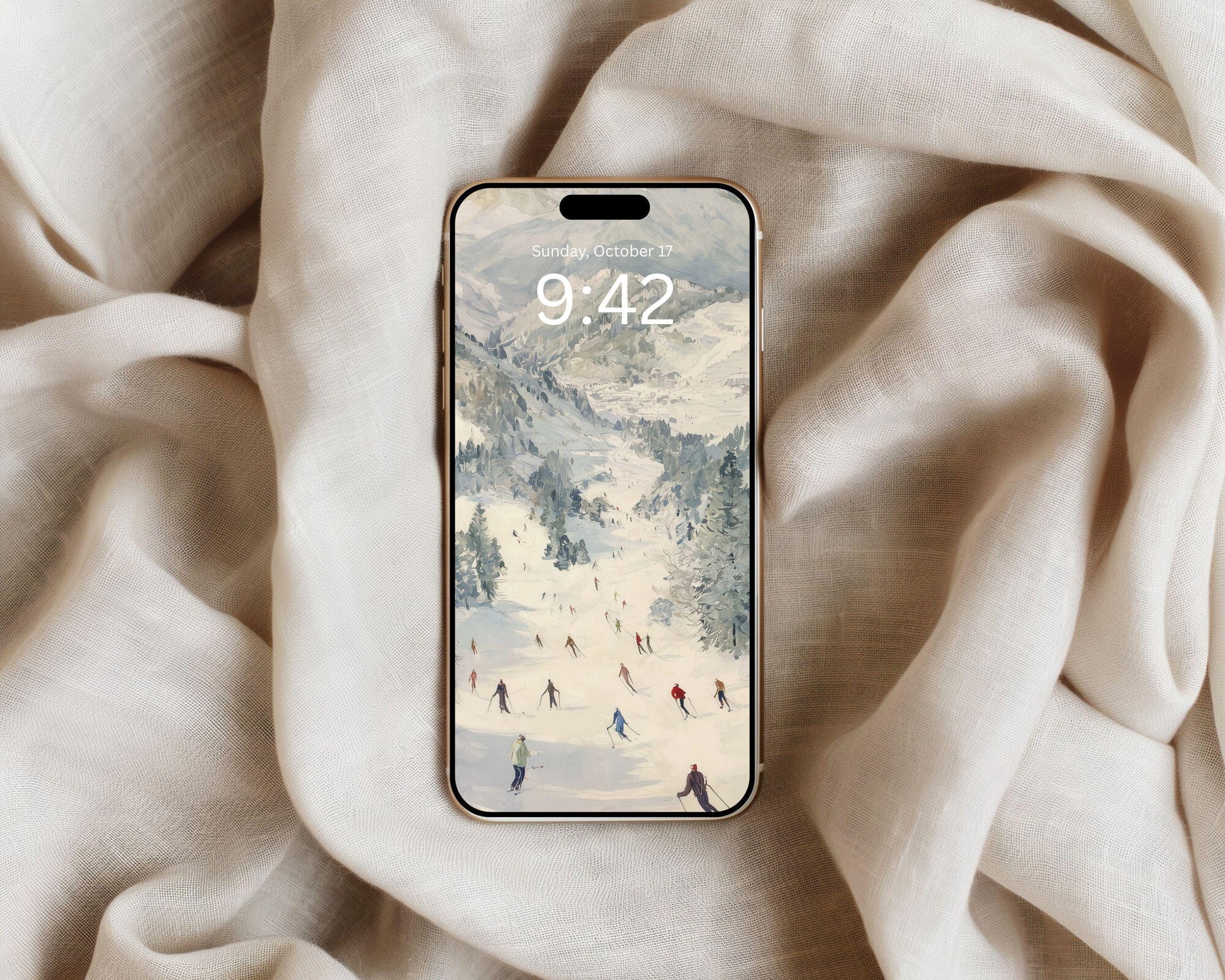 Skiing Phone Wallpaper, Winter Landscape iPhone Wallpaper, Holiday Samsung Galaxy Phone Background, Vintage Style Art | WP142