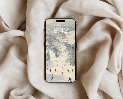 Skiing Phone Wallpaper, Winter Landscape iPhone Wallpaper, Holiday Samsung Galaxy Phone Background, Vintage Style Art | WP142