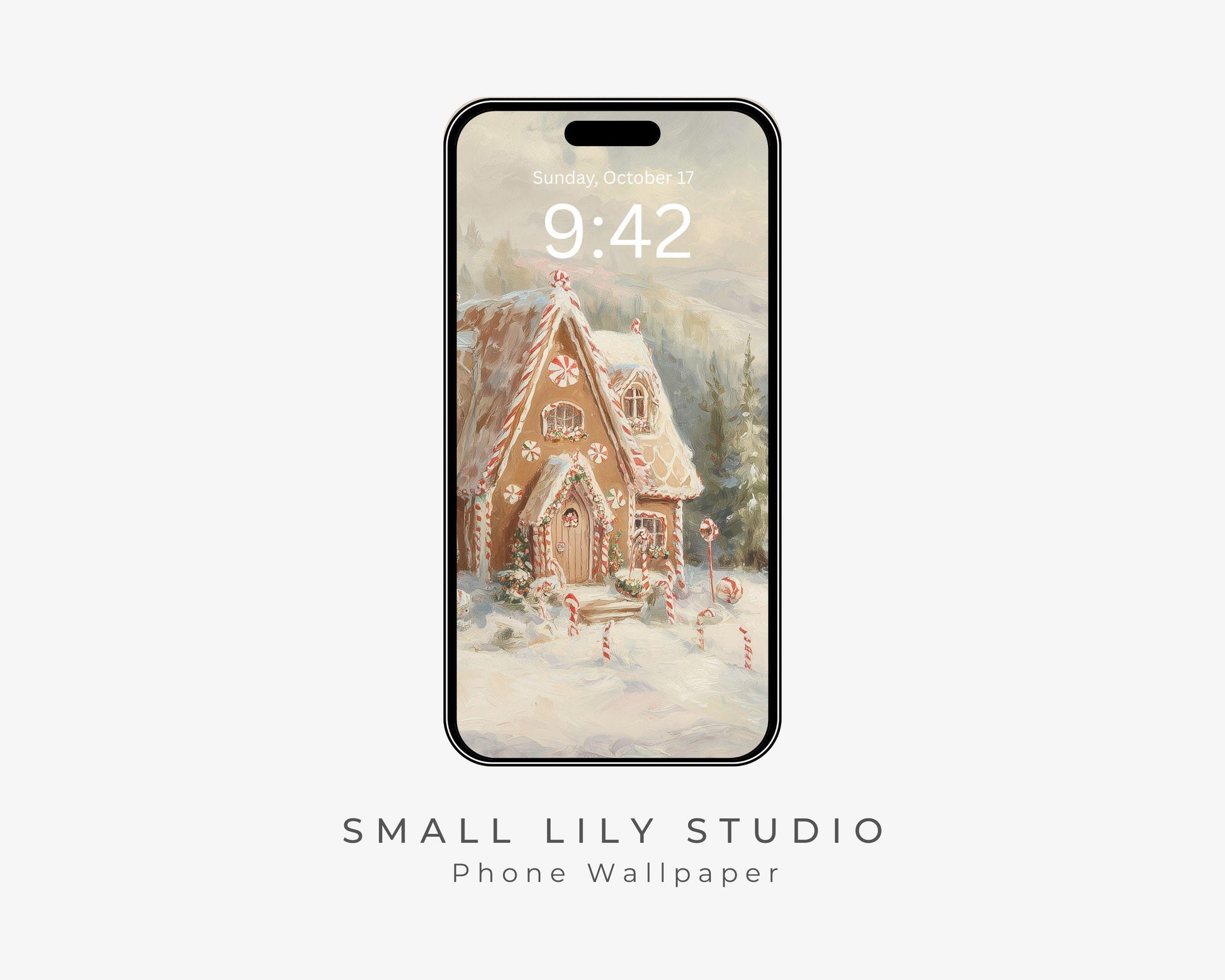 Gingerbread House Phone Wallpaper, Christmas iPhone Wallpaper, Winter Landscape Samsung Galaxy Phone Background, Vintage Style Art | WP143
