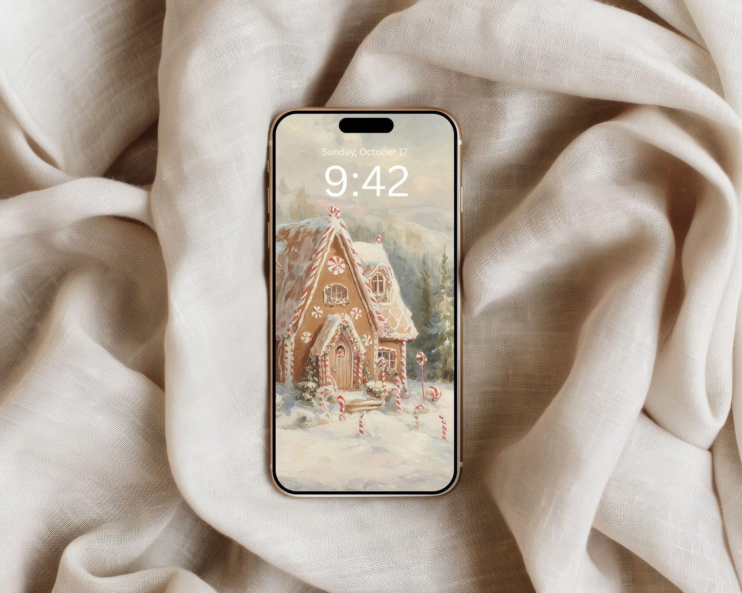 Gingerbread House Phone Wallpaper, Christmas iPhone Wallpaper, Winter Landscape Samsung Galaxy Phone Background, Vintage Style Art | WP143