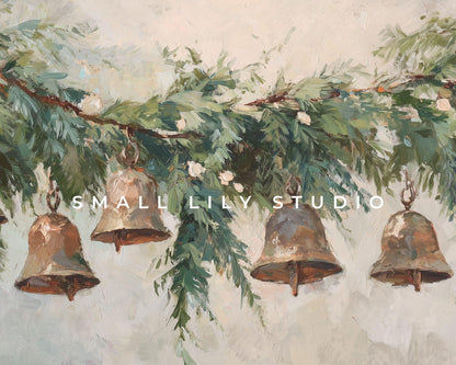 Christmas Bells Desktop Wallpaper, Holiday Macbook Wallpaper, Festive Laptop Background, Vintage Style Painting | WD140