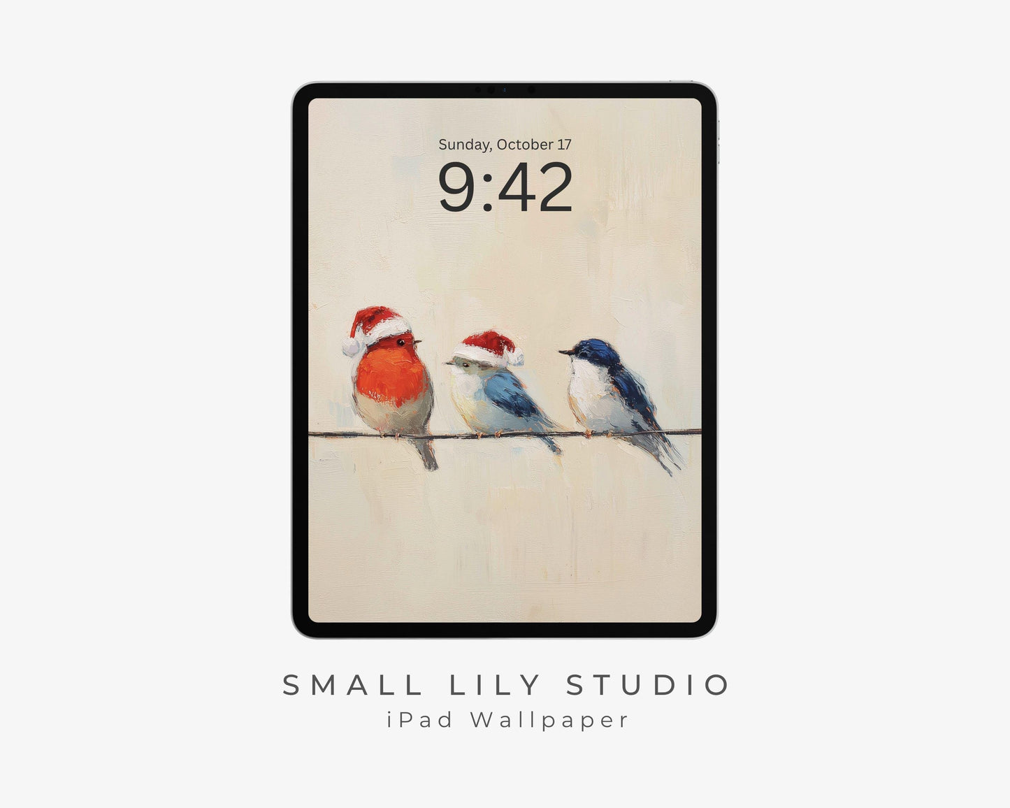 Birds in Santa Hats iPad Wallpaper, Christmas iPad Background, Bird Lover Tablet Wallpaper, Vintage Style Painting | WT141