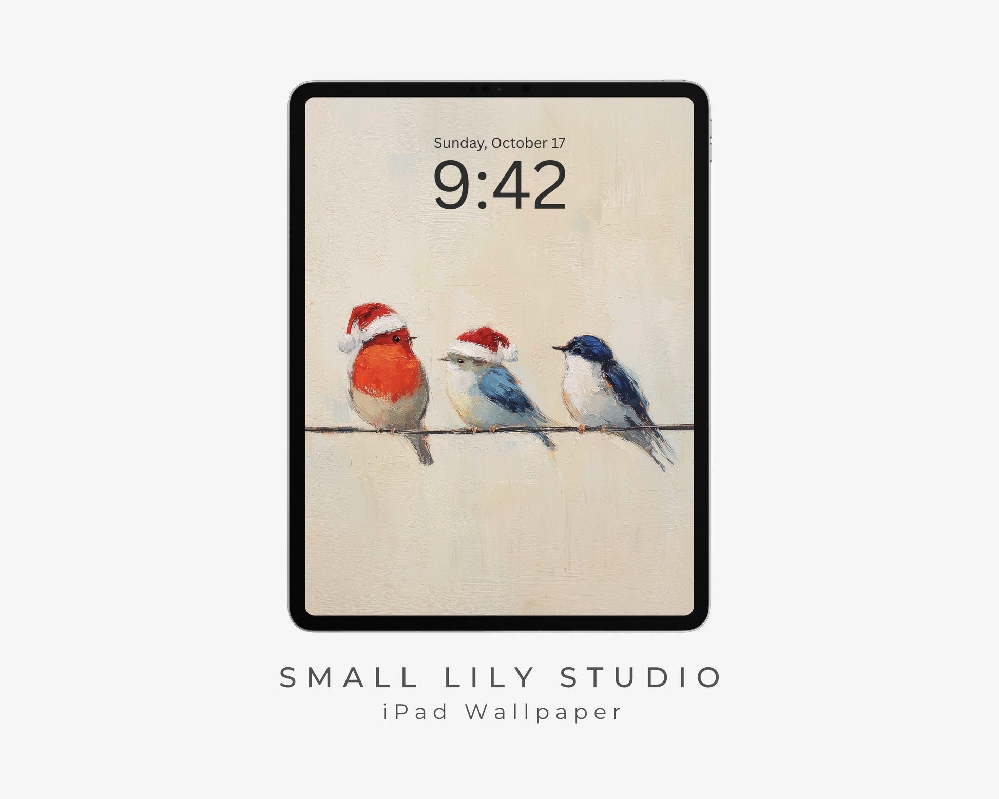 Birds in Santa Hats iPad Wallpaper, Christmas iPad Background, Bird Lover Tablet Wallpaper, Vintage Style Painting | WT141