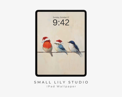 Birds in Santa Hats iPad Wallpaper, Christmas iPad Background, Bird Lover Tablet Wallpaper, Vintage Style Painting | WT141