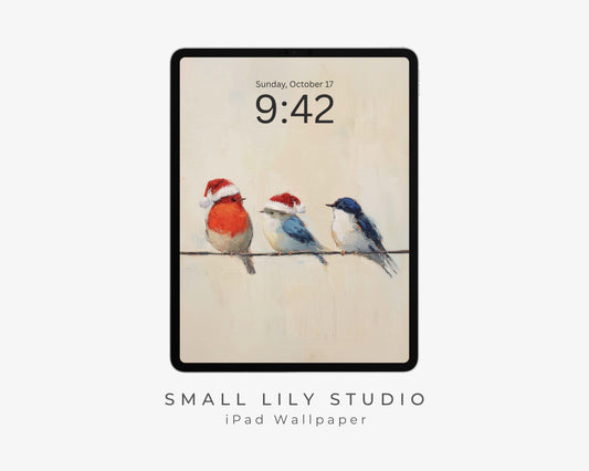 Birds in Santa Hats iPad Wallpaper, Christmas iPad Background, Bird Lover Tablet Wallpaper, Vintage Style Painting | WT141