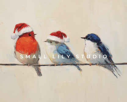 Birds in Santa Hats iPad Wallpaper, Christmas iPad Background, Bird Lover Tablet Wallpaper, Vintage Style Painting | WT141