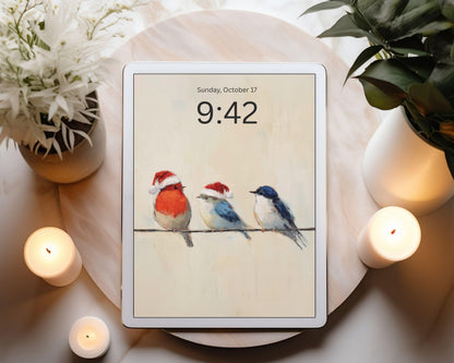 Birds in Santa Hats iPad Wallpaper, Christmas iPad Background, Bird Lover Tablet Wallpaper, Vintage Style Painting | WT141