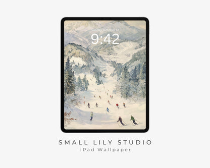 Skiing iPad Wallpaper, Winter Landscape Background, Holiday Tablet Wallpaper, Vintage Style Painting | WT142
