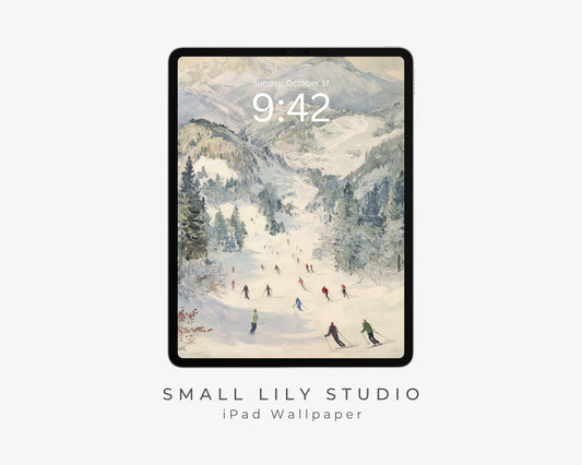Skiing iPad Wallpaper, Winter Landscape Background, Holiday Tablet Wallpaper, Vintage Style Painting | WT142