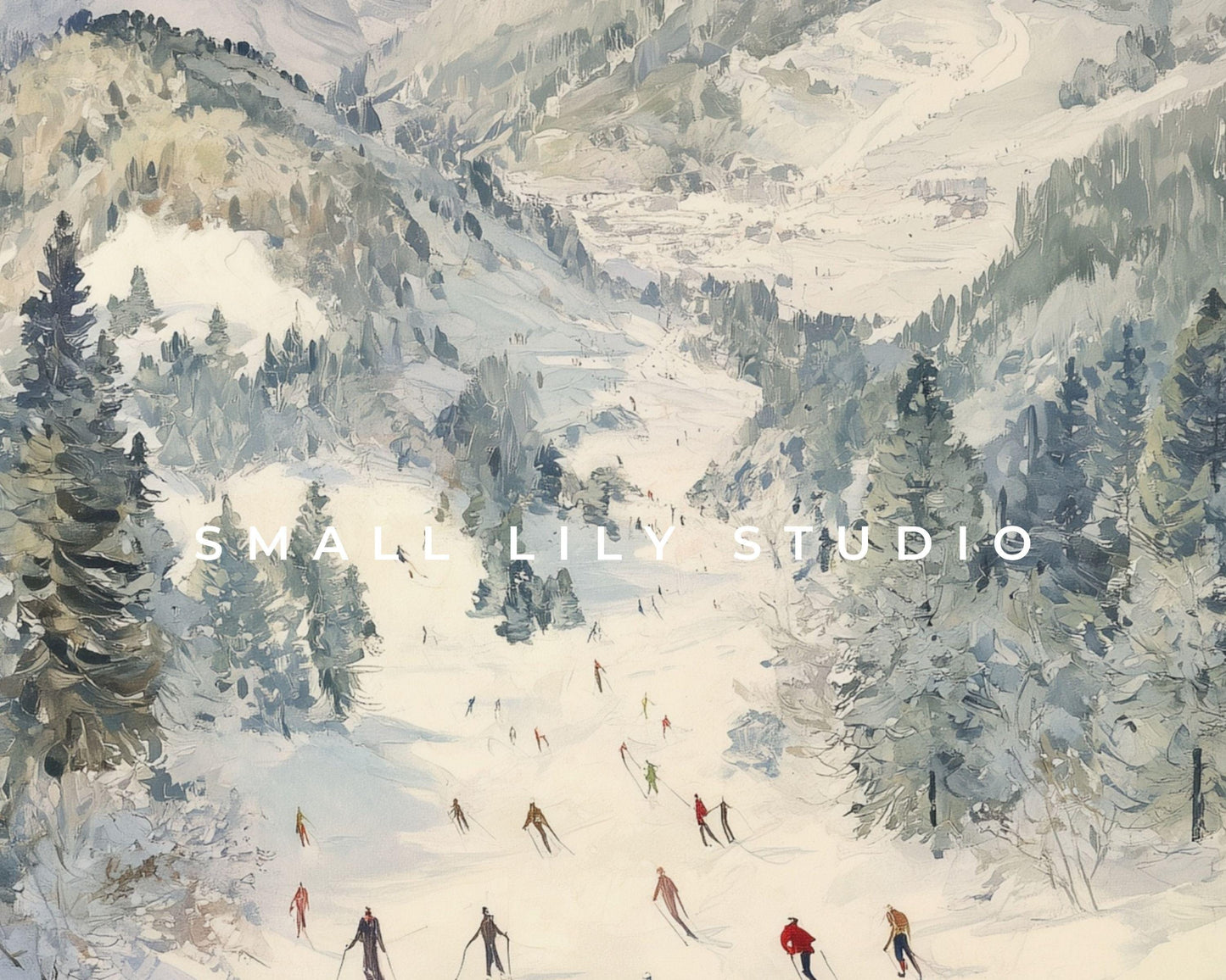 Skiing iPad Wallpaper, Winter Landscape Background, Holiday Tablet Wallpaper, Vintage Style Painting | WT142