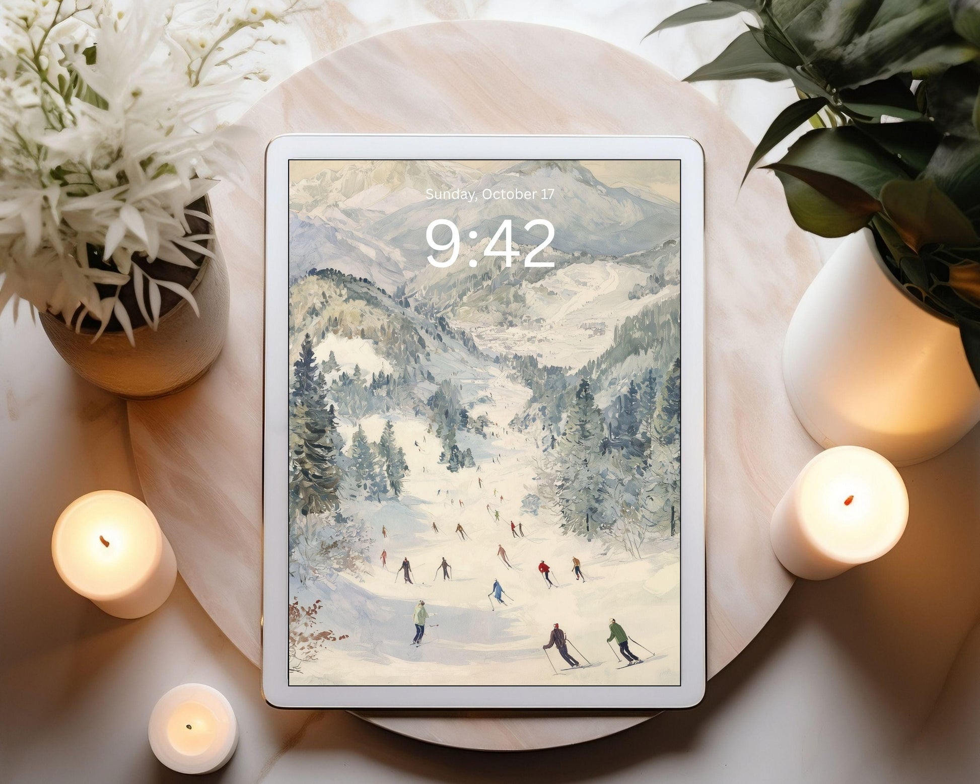 Skiing iPad Wallpaper, Winter Landscape Background, Holiday Tablet Wallpaper, Vintage Style Painting | WT142