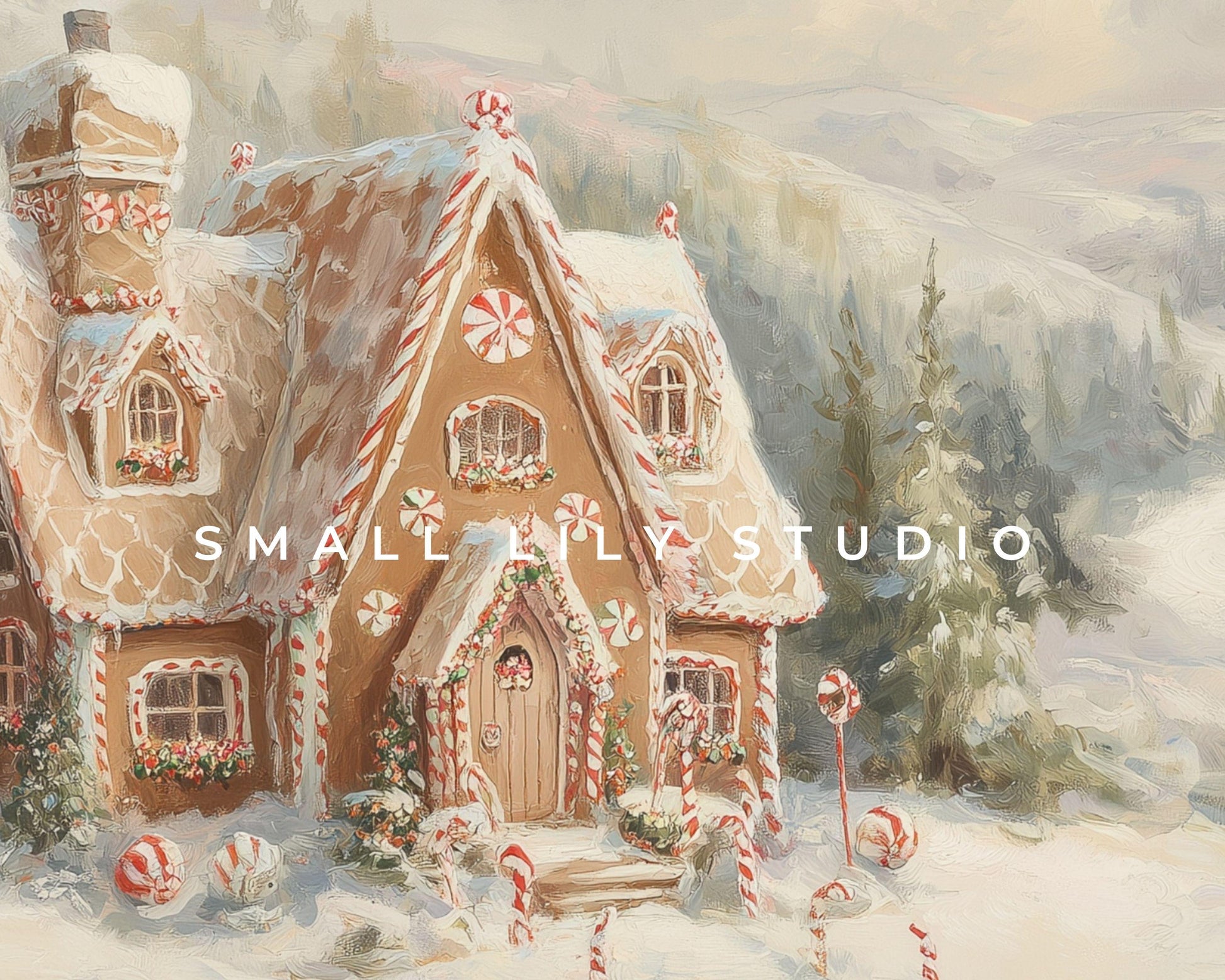 Gingerbread House iPad Wallpaper, Christmas iPad Background, Winter Landscape Tablet Wallpaper, Vintage Style Painting | WT143