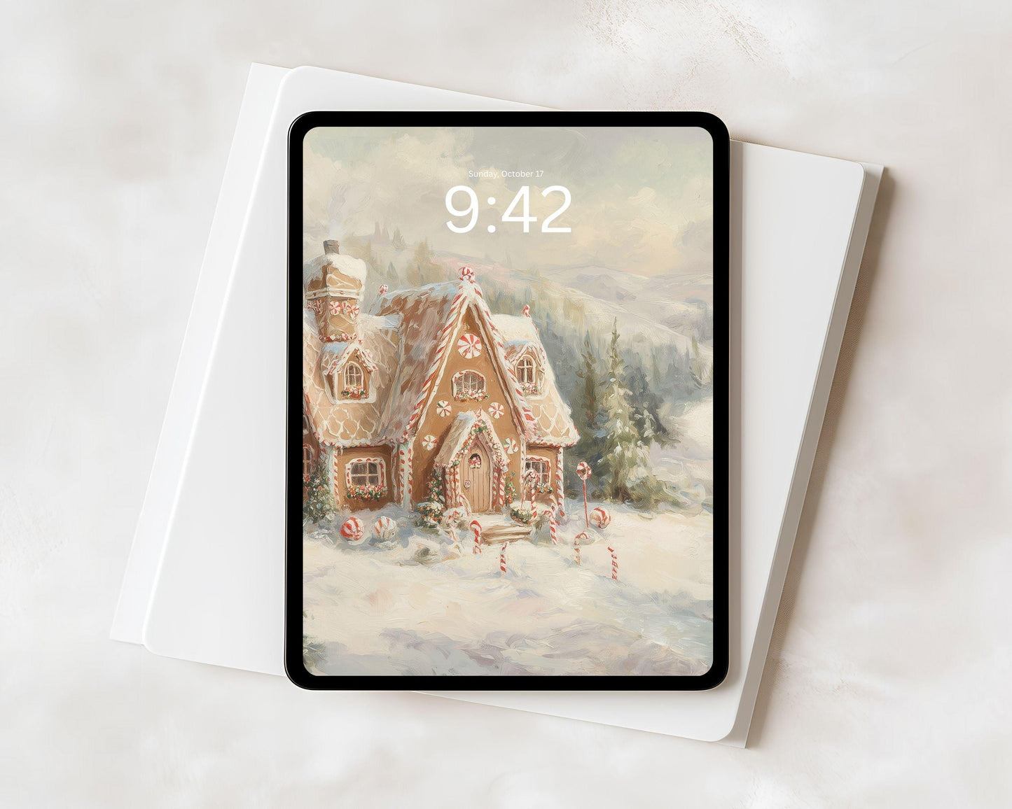 Gingerbread House iPad Wallpaper, Christmas iPad Background, Winter Landscape Tablet Wallpaper, Vintage Style Painting | WT143