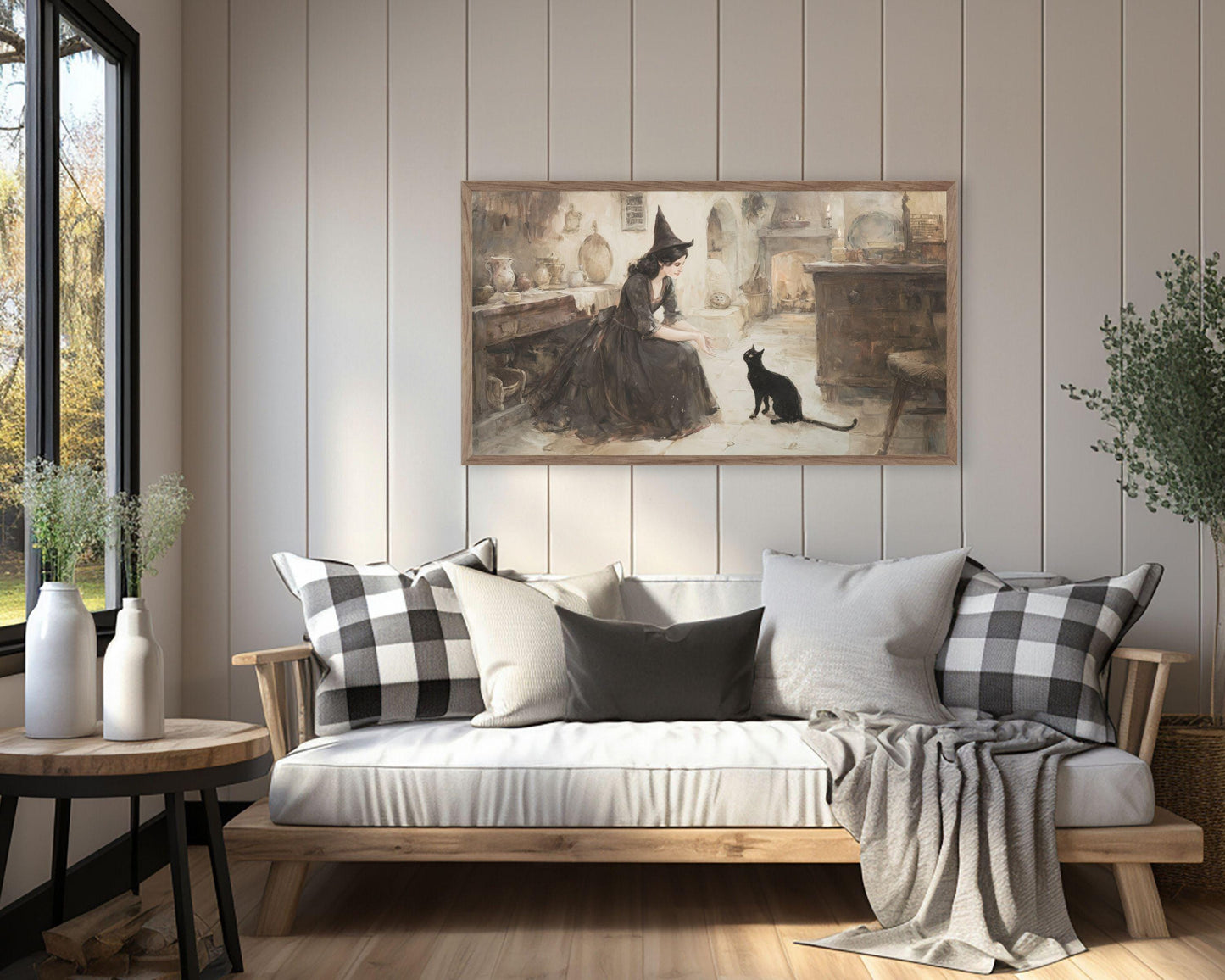 FRAME TV art Witch Playing With Black Cat, Samsung Frame TV art Halloween Vintage Style Painting Black and White | TV995