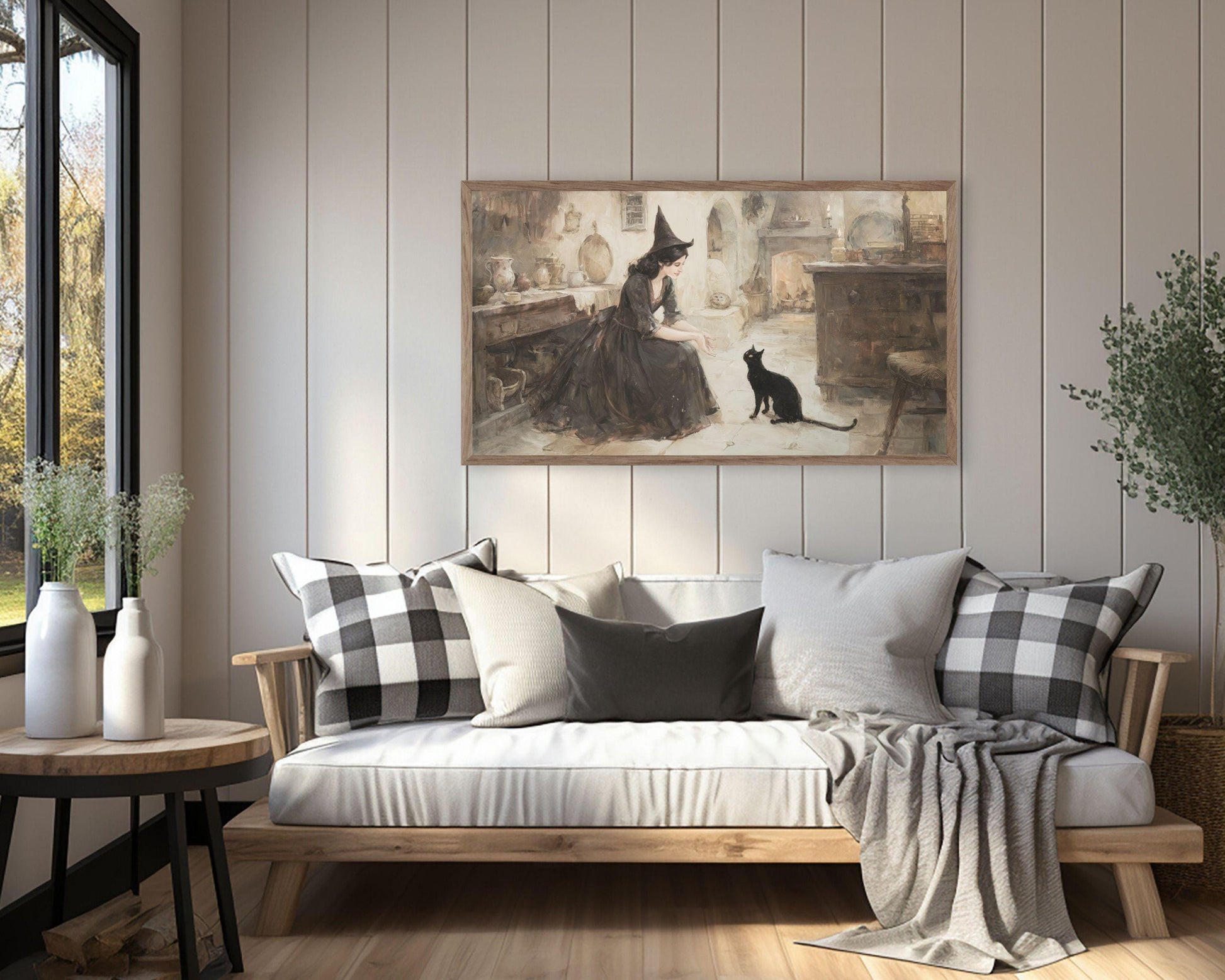 FRAME TV art Witch Playing With Black Cat, Samsung Frame TV art Halloween Vintage Style Painting Black and White | TV995