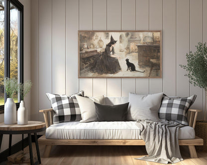 FRAME TV art Witch Playing With Black Cat, Samsung Frame TV art Halloween Vintage Style Painting Black and White | TV995