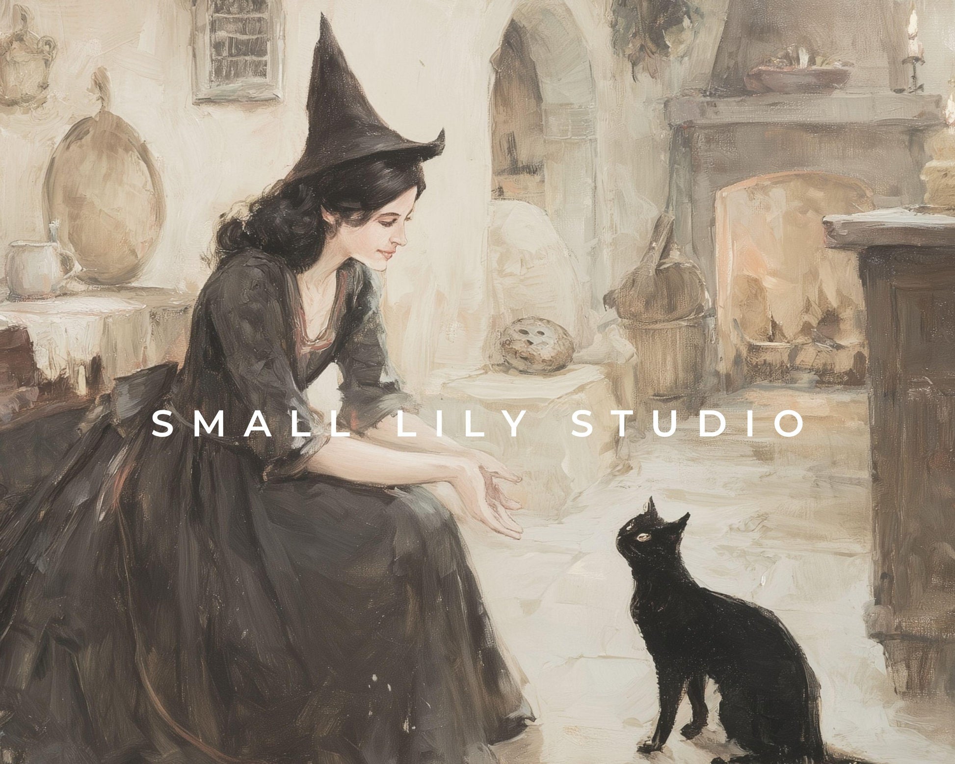 FRAME TV art Witch Playing With Black Cat, Samsung Frame TV art Halloween Vintage Style Painting Black and White | TV995