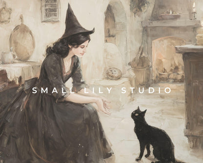 FRAME TV art Witch Playing With Black Cat, Samsung Frame TV art Halloween Vintage Style Painting Black and White | TV995
