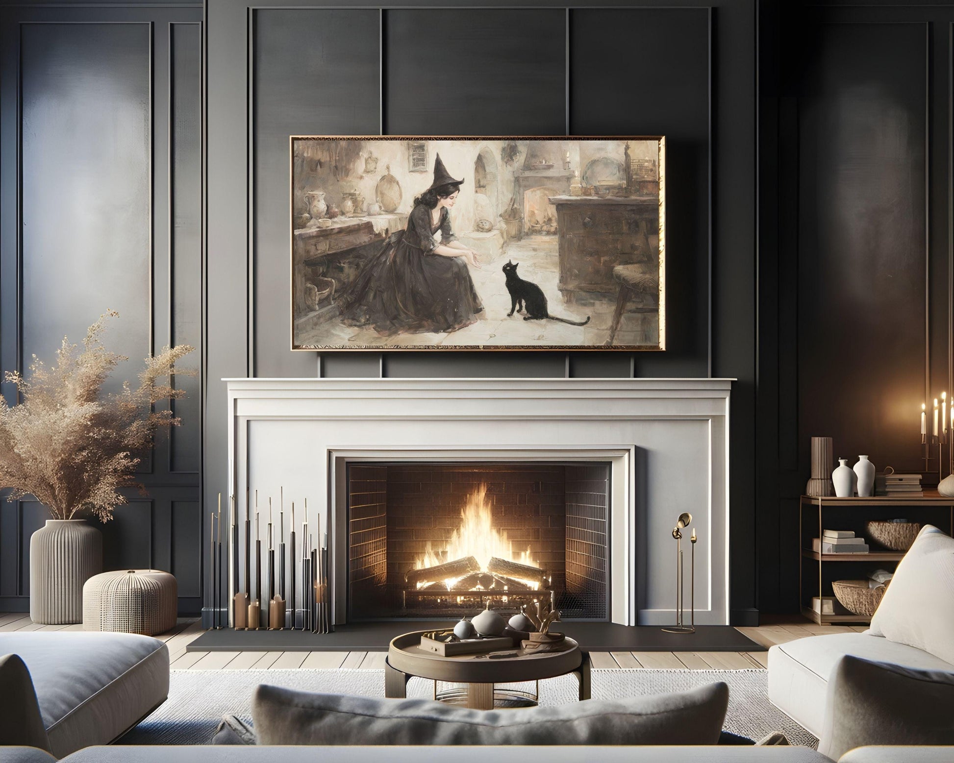 FRAME TV art Witch Playing With Black Cat, Samsung Frame TV art Halloween Vintage Style Painting Black and White | TV995