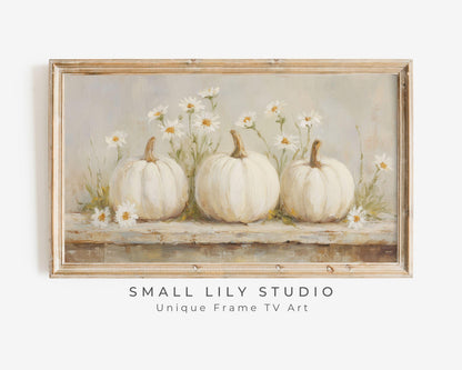 FRAME TV art White Pumpkins and Daisies, Fall Samsung Frame TV art Vintage Style Painting, Neutral Thanksgiving tv screensaver | TV996