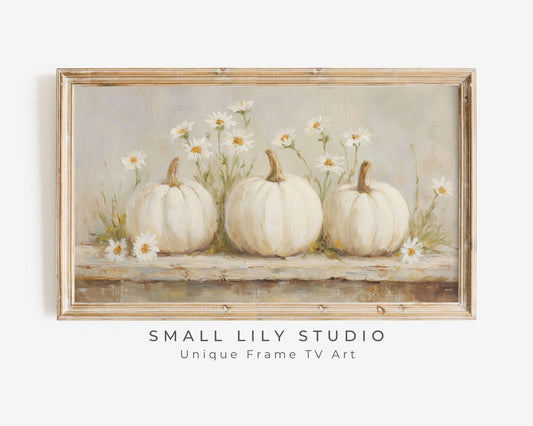 FRAME TV art White Pumpkins and Daisies, Fall Samsung Frame TV art Vintage Style Painting, Neutral Thanksgiving tv screensaver | TV996
