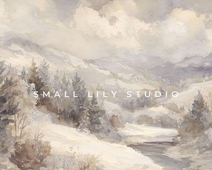 FRAME TV art Winter Landscape, Samsung Frame TV art Vintage Watercolor Style Neutral Painting | TV1001