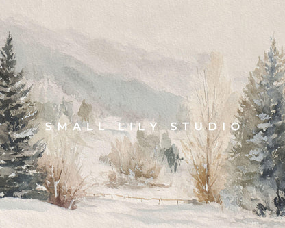 FRAME TV art Winter Landscape, Samsung Frame TV art Vintage Watercolor Style Neutral Painting | TV1002