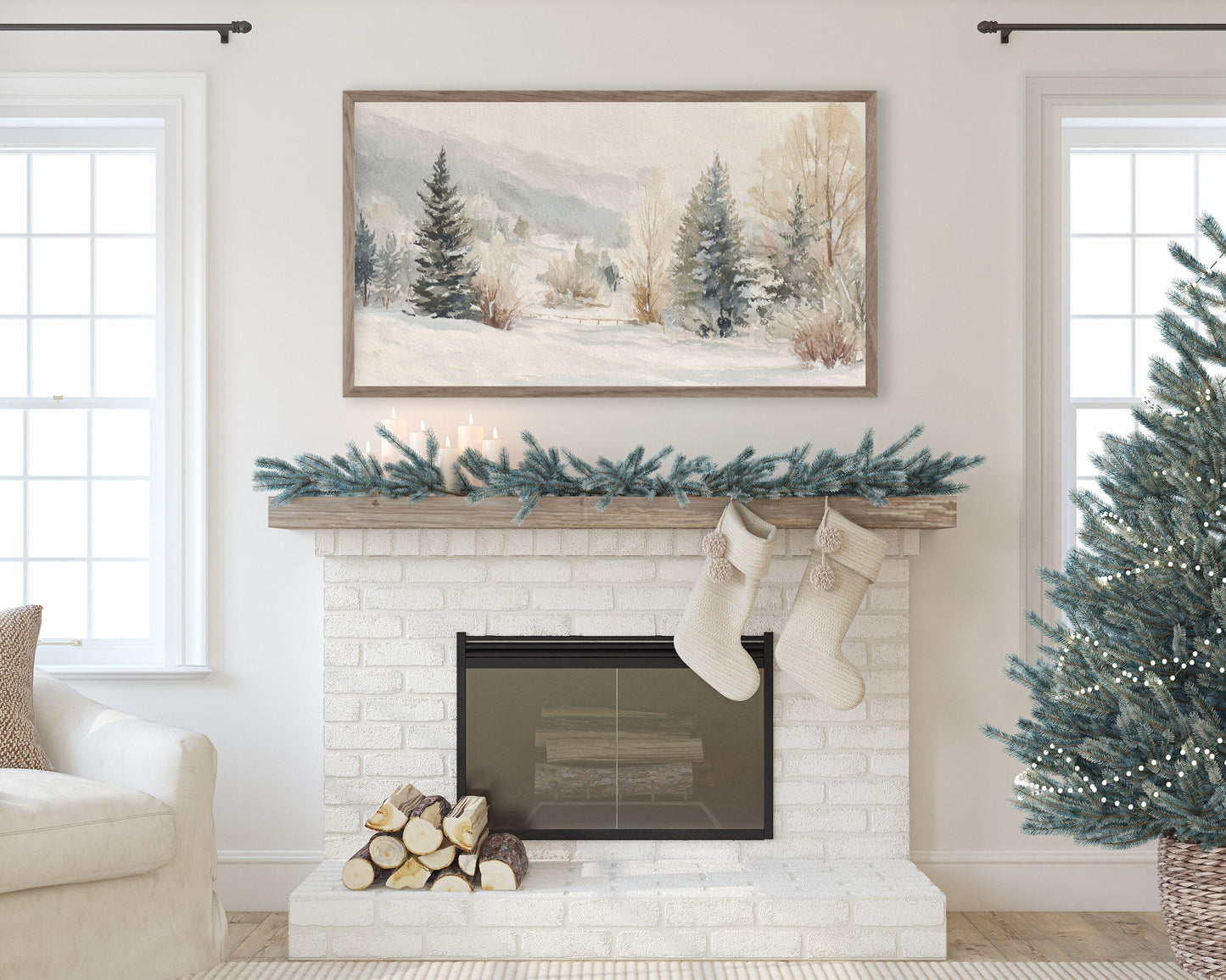 FRAME TV art Winter Landscape, Samsung Frame TV art Vintage Watercolor Style Neutral Painting | TV1002